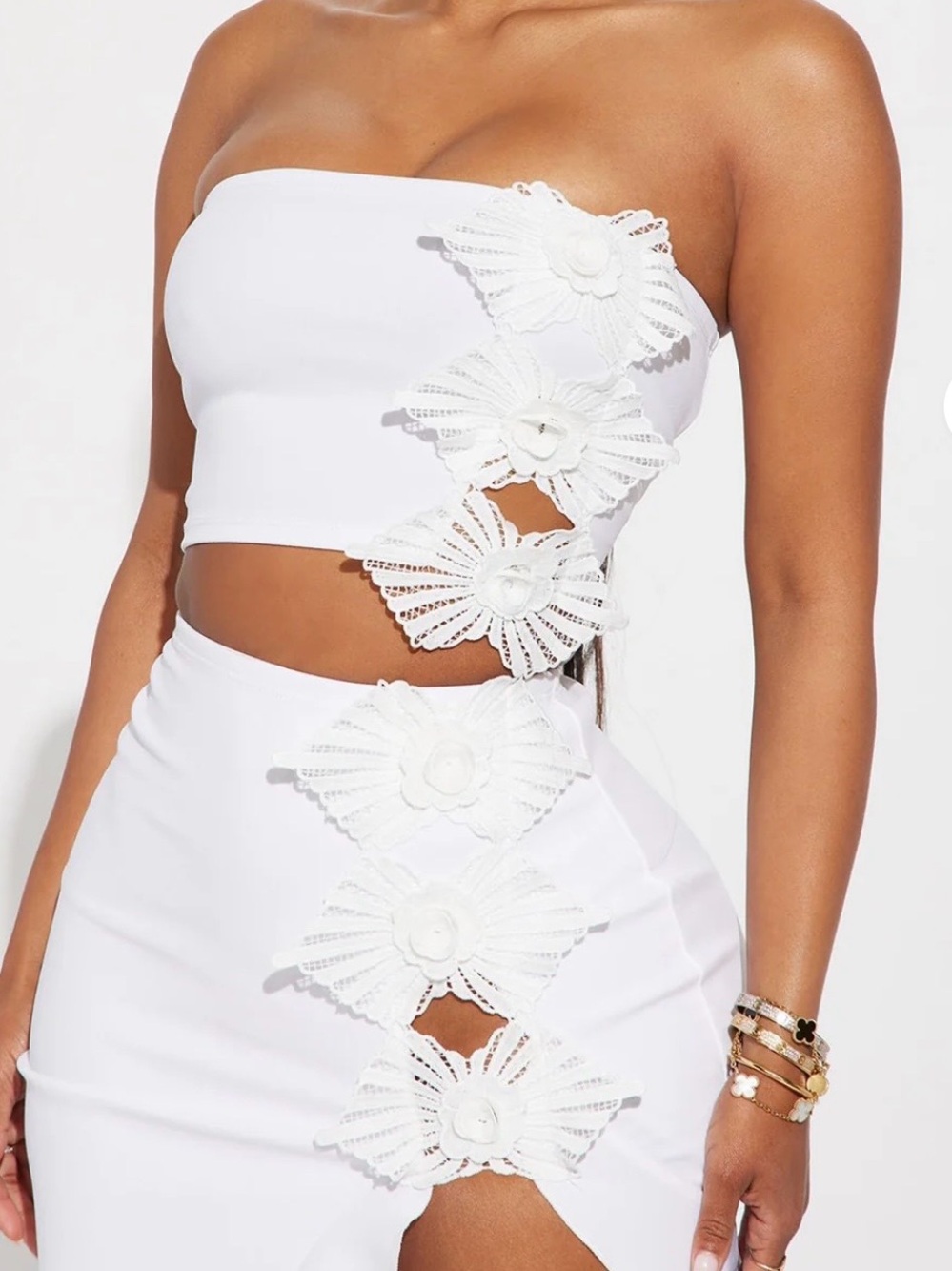 White Asymmetric Floral Cutout Maxi Skirt & Top - Picture 2 of 4
